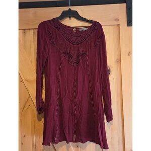 Crochet Floral Lace Yoke Dress Sz L Trapeze Peasant Burgundy Long Sleeve Lined